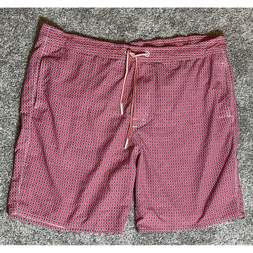 Johnnie-O Mens XL Red Blue Geometric Dot Swim Trunks Mesh Liner Board Shorts